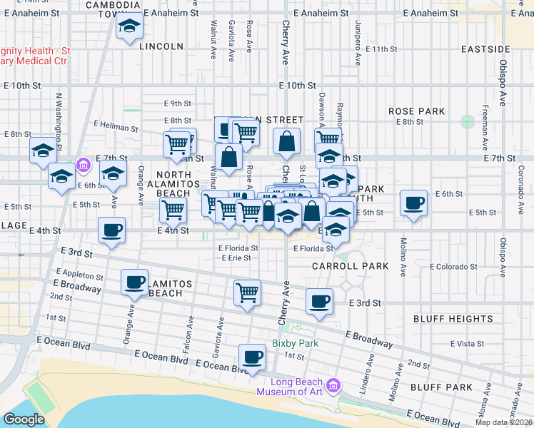 map of restaurants, bars, coffee shops, grocery stores, and more near 426 Rose Place in Long Beach