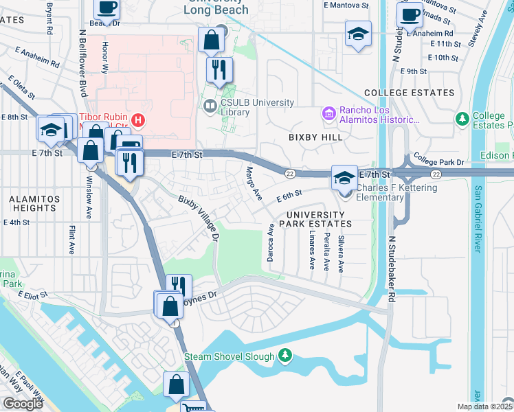 map of restaurants, bars, coffee shops, grocery stores, and more near 6195 East 6th Street in Long Beach