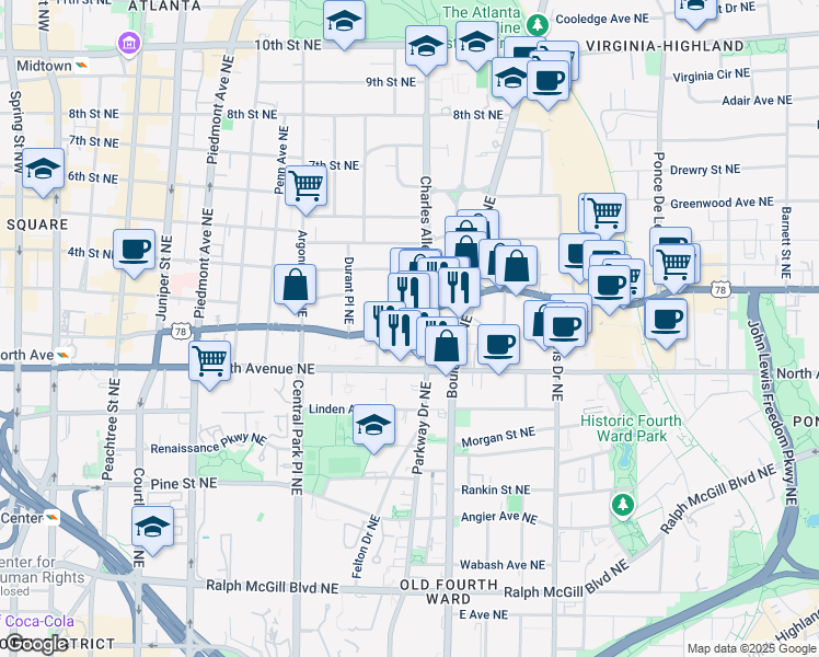 map of restaurants, bars, coffee shops, grocery stores, and more near 425 Ponce De Leon Avenue Northeast in Atlanta