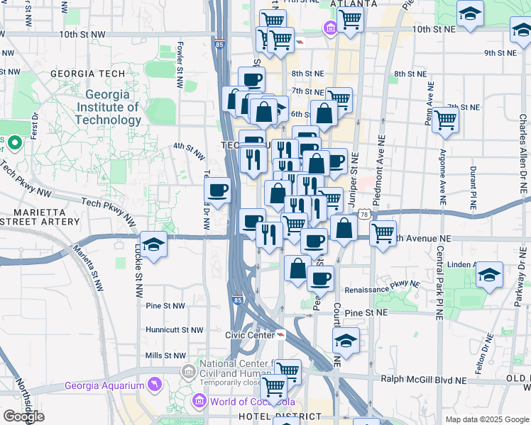 map of restaurants, bars, coffee shops, grocery stores, and more near 655 Spring Street Northwest in Atlanta