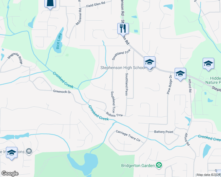map of restaurants, bars, coffee shops, grocery stores, and more near 6216 Southland Trce in Stone Mountain