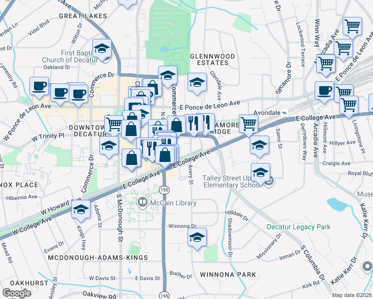 map of restaurants, bars, coffee shops, grocery stores, and more near 422 East Howard Avenue in Decatur