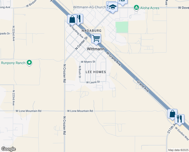 map of restaurants, bars, coffee shops, grocery stores, and more near 31908 North Poplar Street in Wittmann