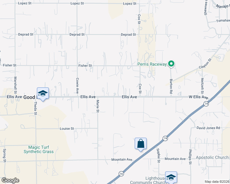 map of restaurants, bars, coffee shops, grocery stores, and more near 22780 Ellis Avenue in Perris