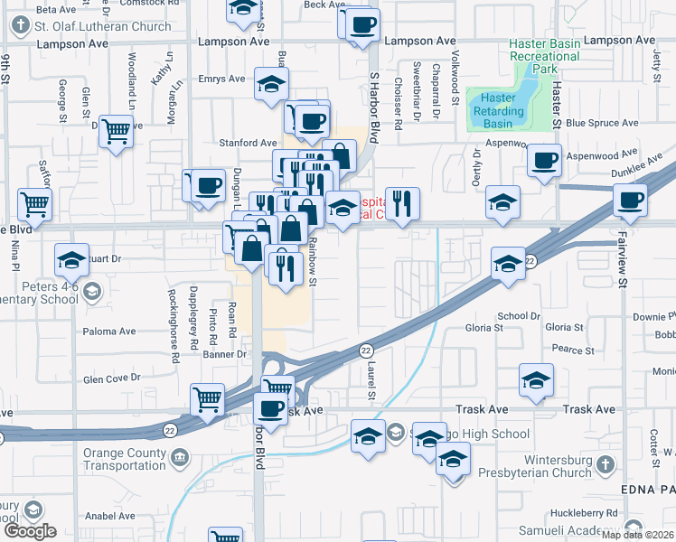 map of restaurants, bars, coffee shops, grocery stores, and more near 12201 Quartz Circle in Garden Grove