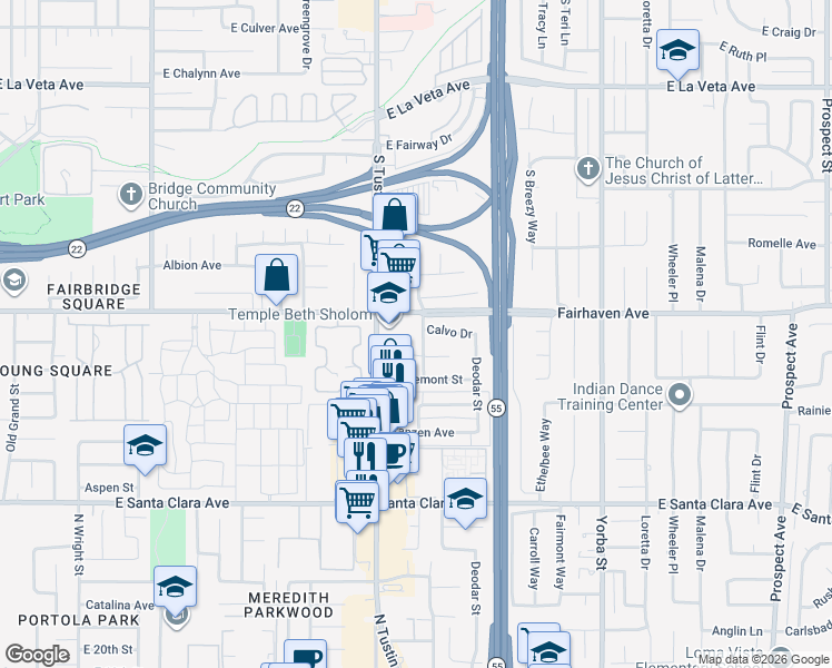 map of restaurants, bars, coffee shops, grocery stores, and more near 2614 Ponderosa Street in Santa Ana