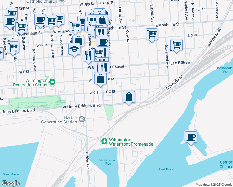 map of restaurants, bars, coffee shops, grocery stores, and more near 216 East C Street in Los Angeles