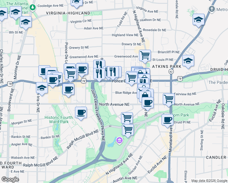 map of restaurants, bars, coffee shops, grocery stores, and more near 663 Linwood Avenue Northeast in Atlanta