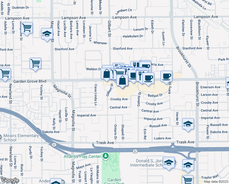 map of restaurants, bars, coffee shops, grocery stores, and more near 13100 Gilbert Street in Garden Grove