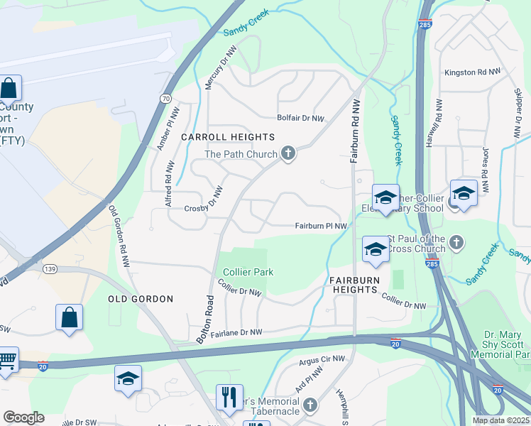 map of restaurants, bars, coffee shops, grocery stores, and more near 3519 Adkins Road Northwest in Atlanta