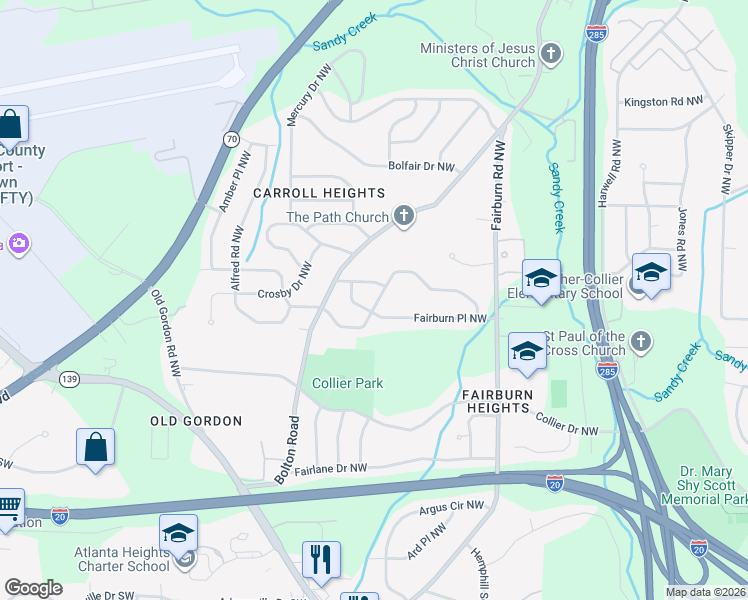 map of restaurants, bars, coffee shops, grocery stores, and more near 3519 Adkins Road Northwest in Atlanta