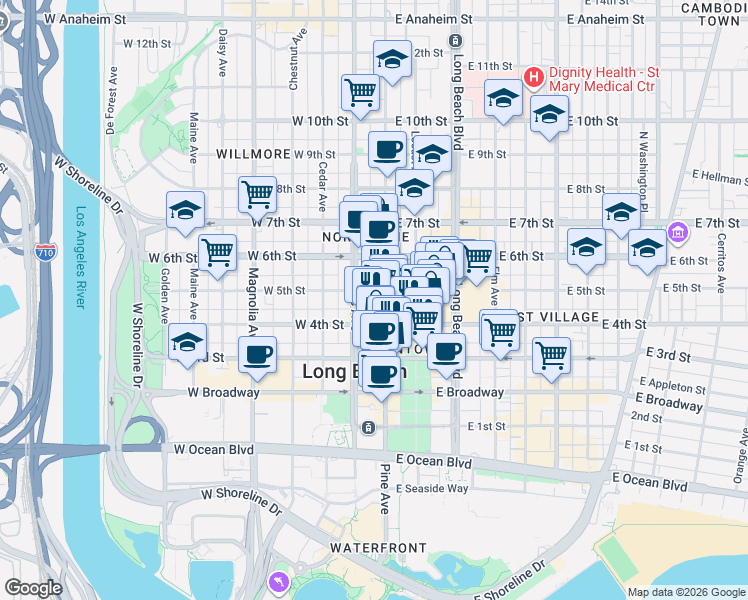 map of restaurants, bars, coffee shops, grocery stores, and more near 100 West 5th Street in Long Beach