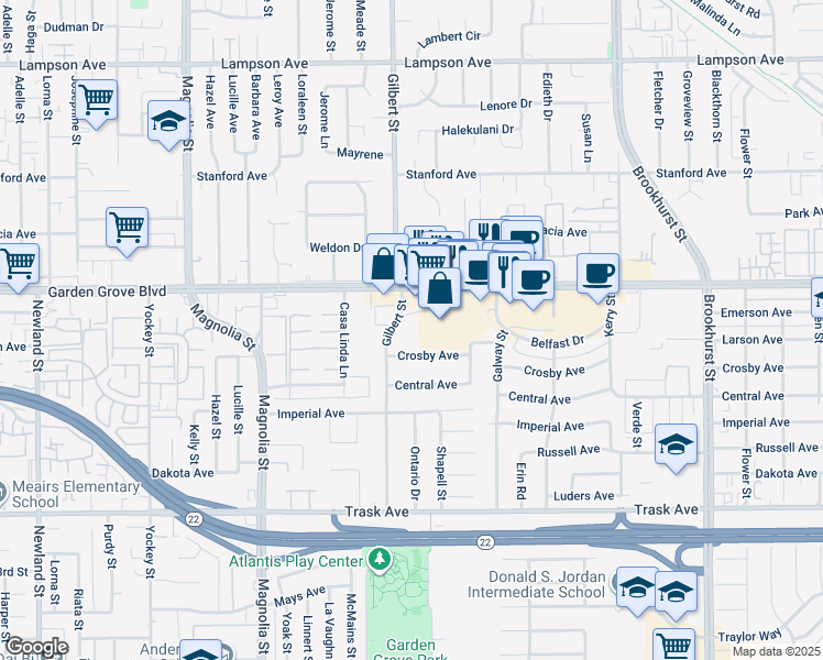 map of restaurants, bars, coffee shops, grocery stores, and more near 13100 Gilbert Street in Garden Grove