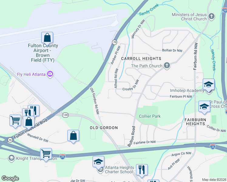 map of restaurants, bars, coffee shops, grocery stores, and more near 658 Alfred Road Northwest in Atlanta