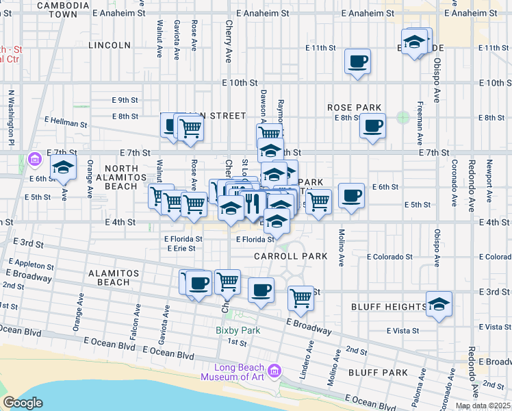 map of restaurants, bars, coffee shops, grocery stores, and more near 445 Dawson Avenue in Long Beach