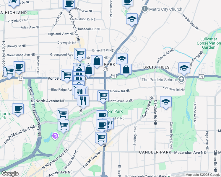 map of restaurants, bars, coffee shops, grocery stores, and more near 1196 Fairview Road Northeast in Atlanta