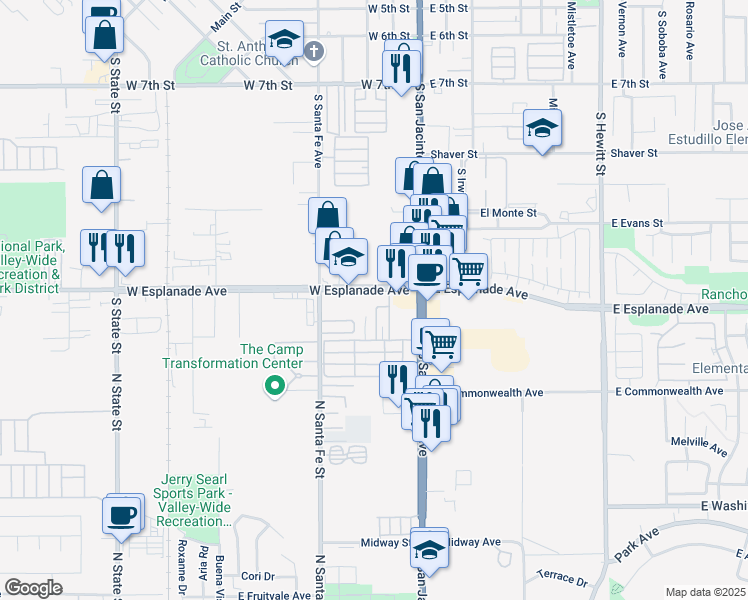 map of restaurants, bars, coffee shops, grocery stores, and more near 40125 West Esplanade Avenue in San Jacinto