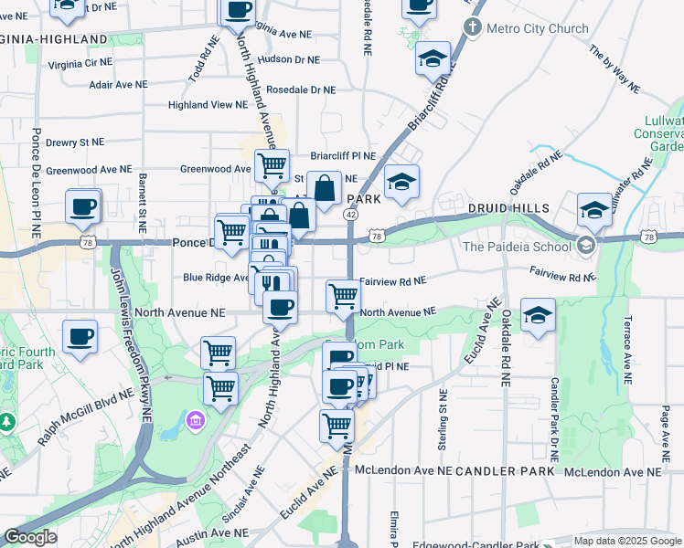 map of restaurants, bars, coffee shops, grocery stores, and more near 1144 Blue Ridge Avenue Northeast in Atlanta