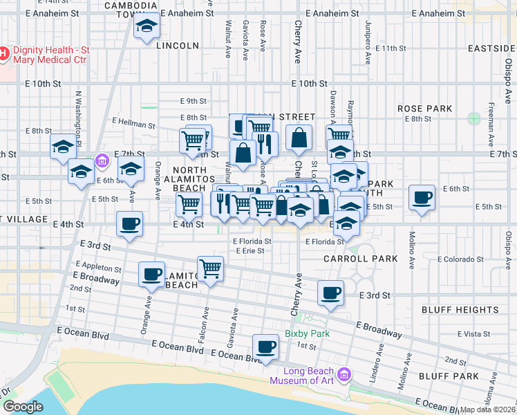 map of restaurants, bars, coffee shops, grocery stores, and more near 443 Rose Avenue in Long Beach