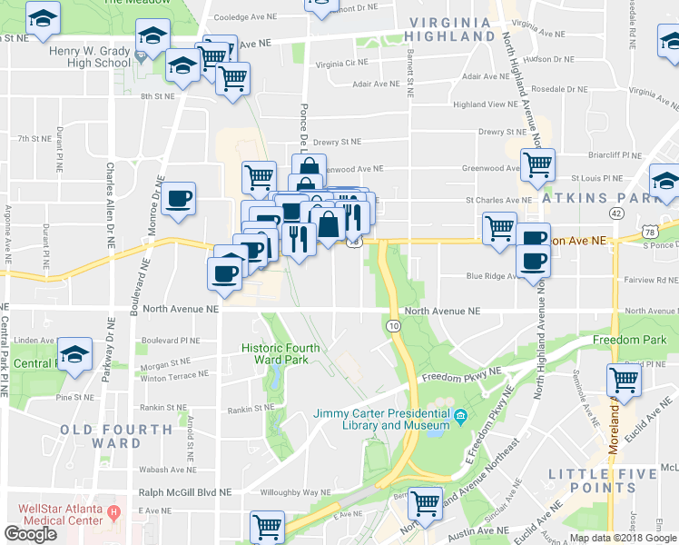 map of restaurants, bars, coffee shops, grocery stores, and more near 663 Somerset Terrace Northeast in Atlanta