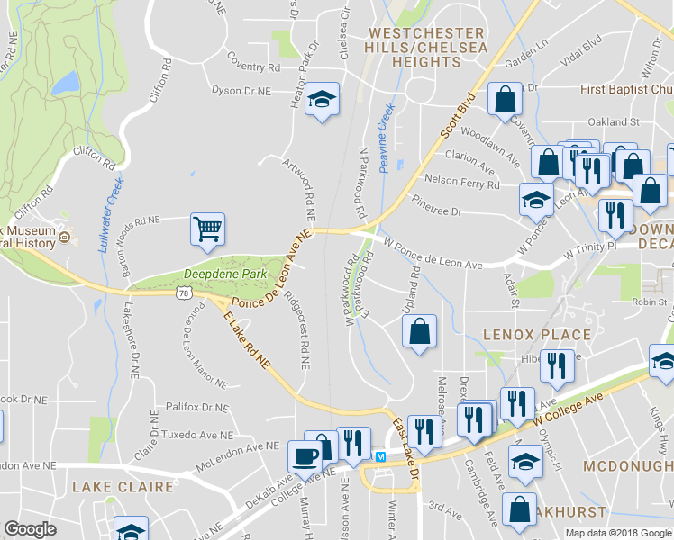 map of restaurants, bars, coffee shops, grocery stores, and more near 464 West Parkwood Road in Decatur