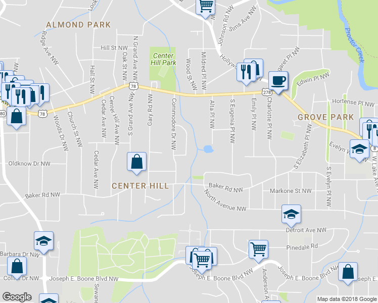 map of restaurants, bars, coffee shops, grocery stores, and more near 769 Ayrshire Circle Northwest in Atlanta