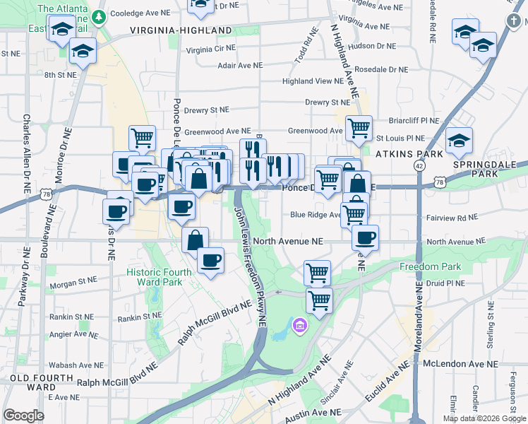 map of restaurants, bars, coffee shops, grocery stores, and more near 652 Barnett Street Northeast in Atlanta