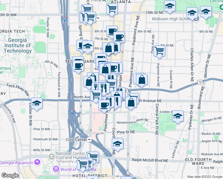 map of restaurants, bars, coffee shops, grocery stores, and more near 128 Ponce De Leon Avenue Northeast in Atlanta