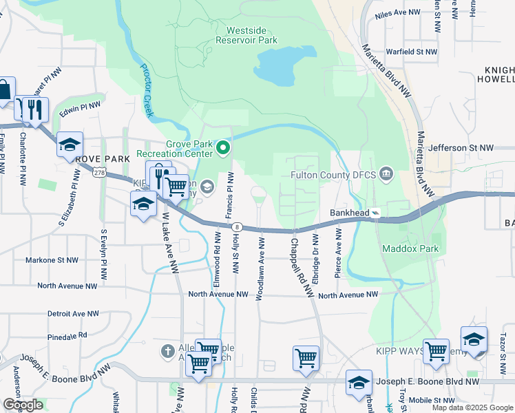 map of restaurants, bars, coffee shops, grocery stores, and more near Elinor Place Northwest in Atlanta