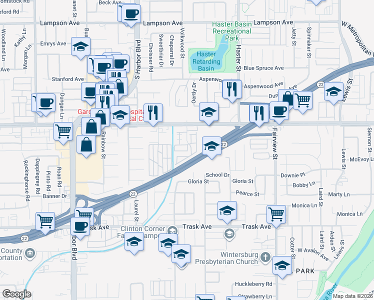 map of restaurants, bars, coffee shops, grocery stores, and more near 28 Crosby Ave in Garden Grove