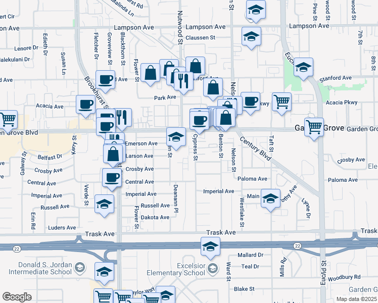 map of restaurants, bars, coffee shops, grocery stores, and more near 13122 Adland Street in Garden Grove
