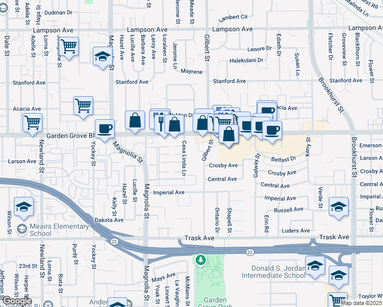 map of restaurants, bars, coffee shops, grocery stores, and more near 13072 Casa Linda Lane in Garden Grove