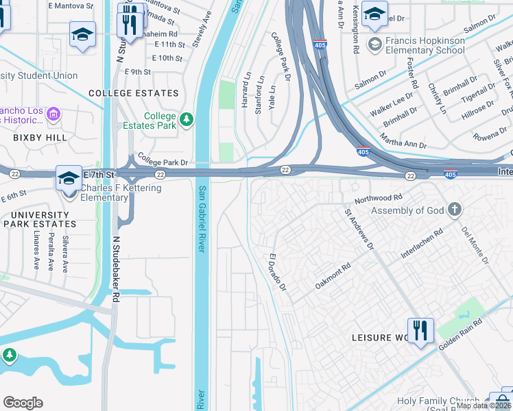 map of restaurants, bars, coffee shops, grocery stores, and more near 1060 Brookline Road in Seal Beach