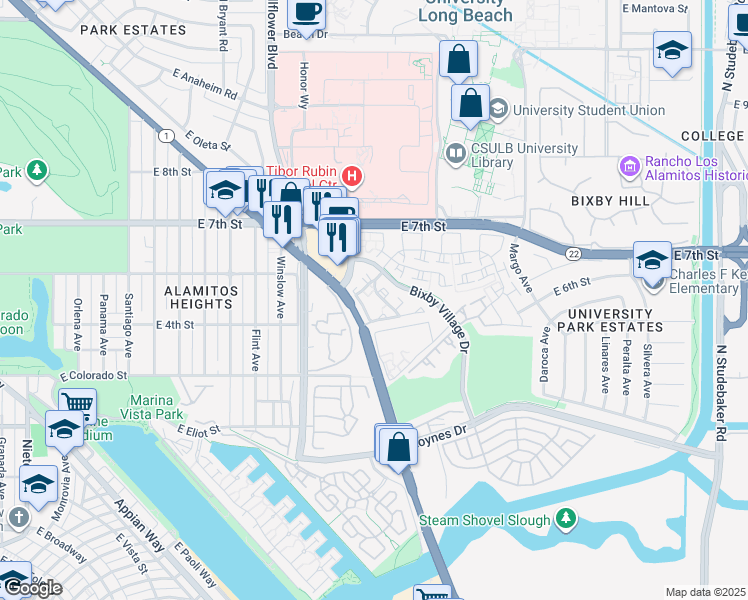 map of restaurants, bars, coffee shops, grocery stores, and more near 5922 Bixby Village Drive in Long Beach