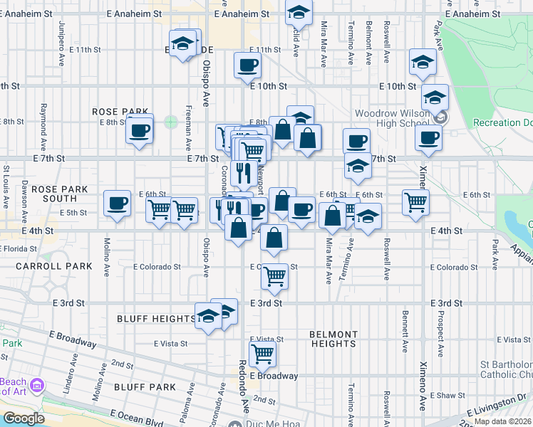 map of restaurants, bars, coffee shops, grocery stores, and more near 442 Newport Avenue in Long Beach
