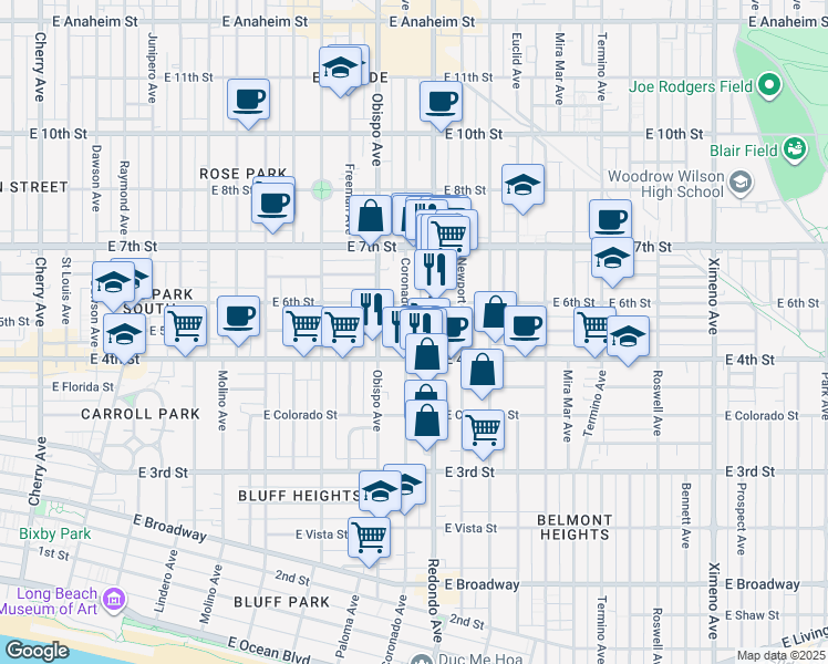 map of restaurants, bars, coffee shops, grocery stores, and more near 444 Coronado Avenue in Long Beach