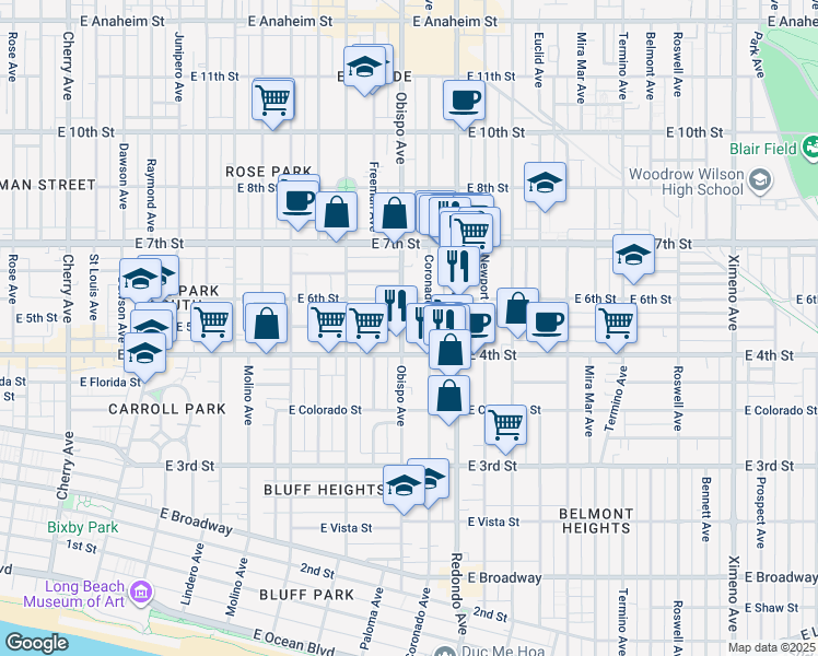 map of restaurants, bars, coffee shops, grocery stores, and more near 3124 East 5th Street in Long Beach