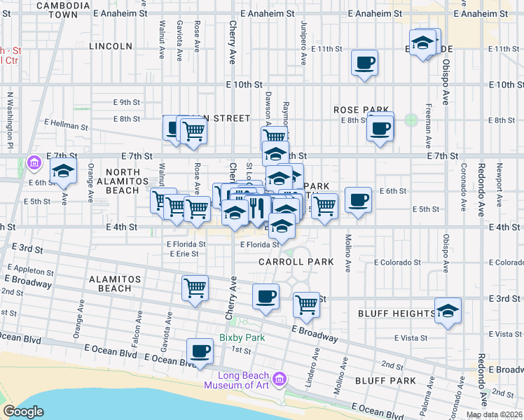 map of restaurants, bars, coffee shops, grocery stores, and more near 445 Dawson Avenue in Long Beach