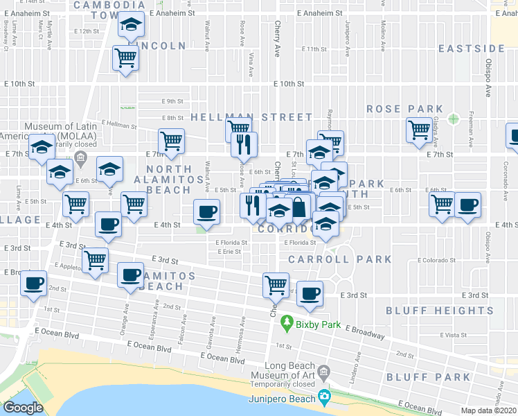 map of restaurants, bars, coffee shops, grocery stores, and more near 426 Rose Place in Long Beach