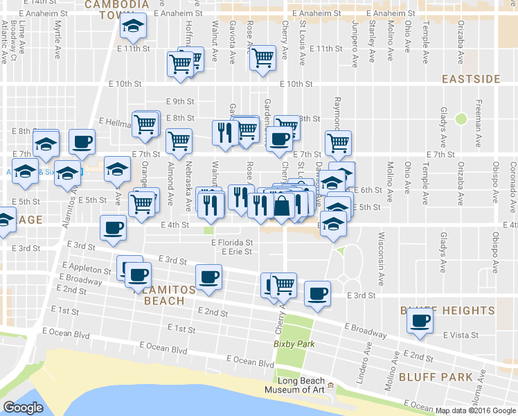 map of restaurants, bars, coffee shops, grocery stores, and more near 443 Rose Avenue in Long Beach