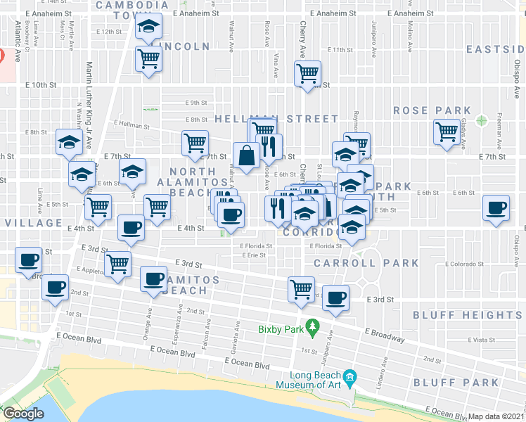 map of restaurants, bars, coffee shops, grocery stores, and more near 443 Rose Avenue in Long Beach