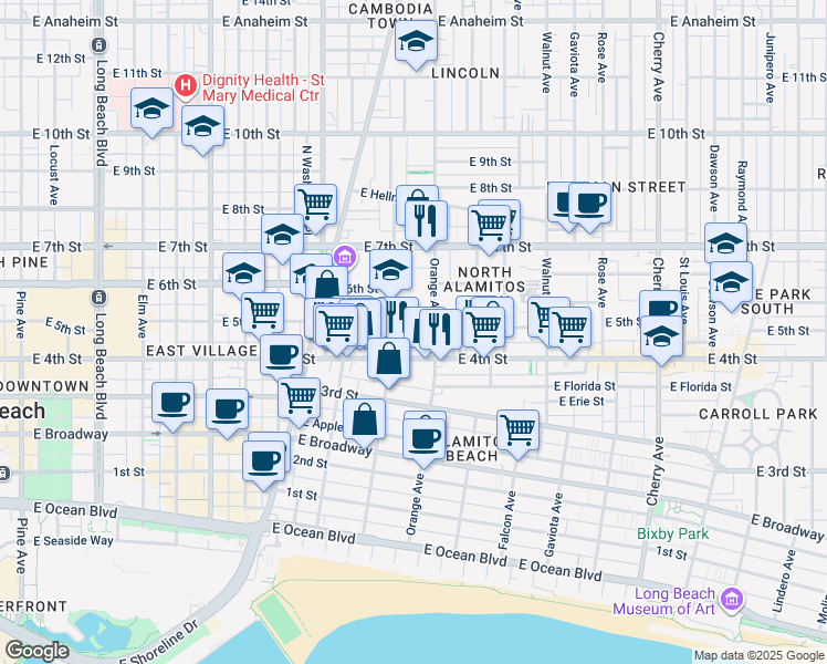 map of restaurants, bars, coffee shops, grocery stores, and more near 438 1/2 Cerritos Avenue in Long Beach
