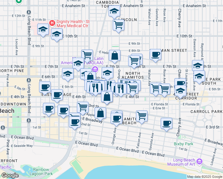 map of restaurants, bars, coffee shops, grocery stores, and more near 438 1/2 Cerritos Avenue in Long Beach