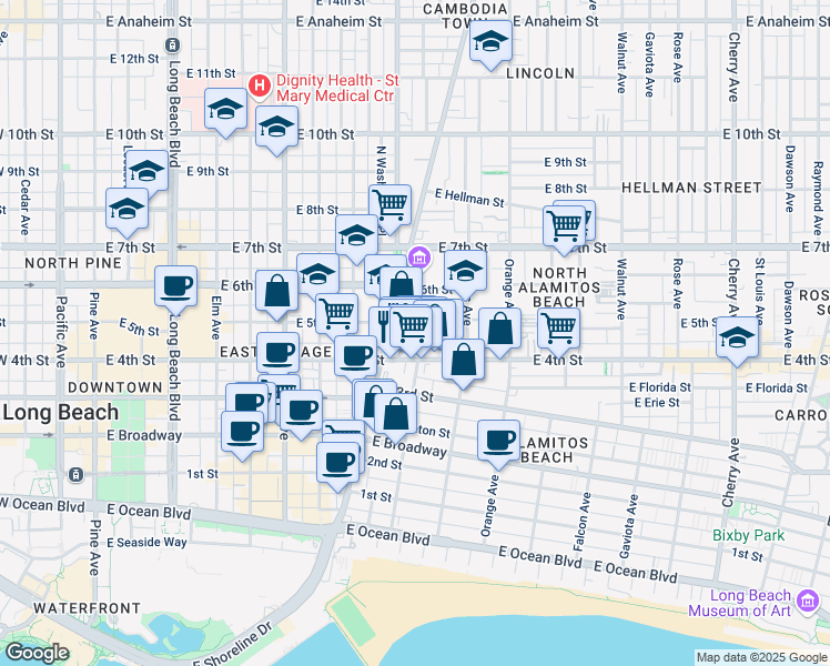 map of restaurants, bars, coffee shops, grocery stores, and more near 438 Zona Court in Long Beach