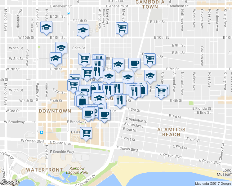 map of restaurants, bars, coffee shops, grocery stores, and more near 430 Lime Avenue in Long Beach