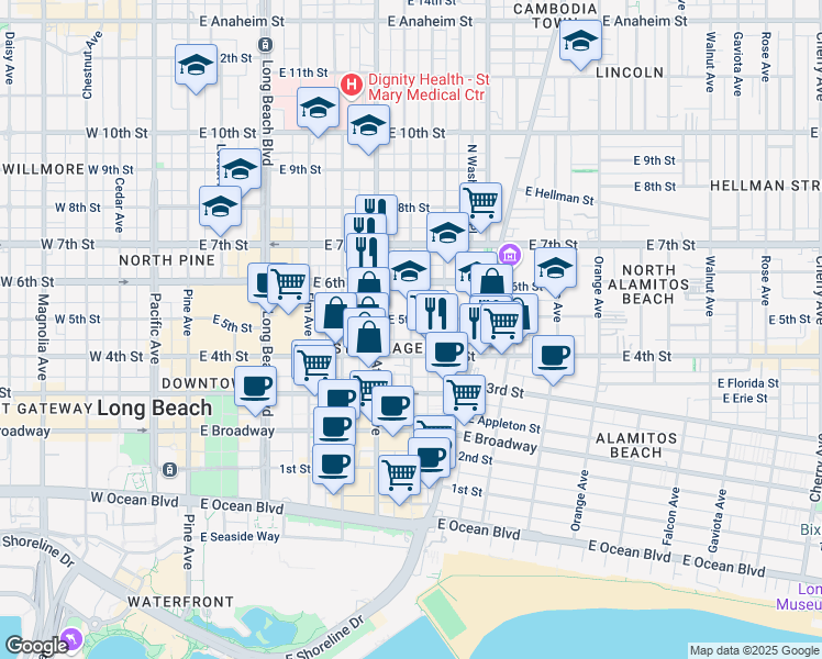 map of restaurants, bars, coffee shops, grocery stores, and more near 430 Lime Avenue in Long Beach