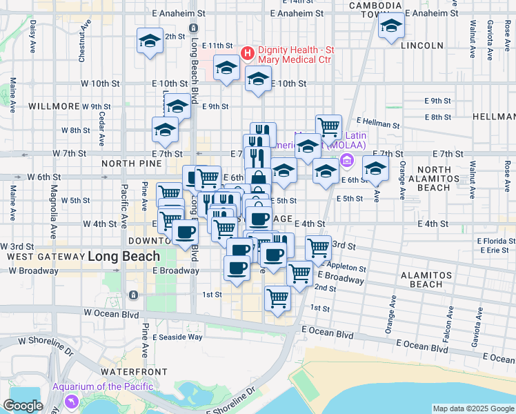 map of restaurants, bars, coffee shops, grocery stores, and more near 440 Atlantic Avenue in Long Beach