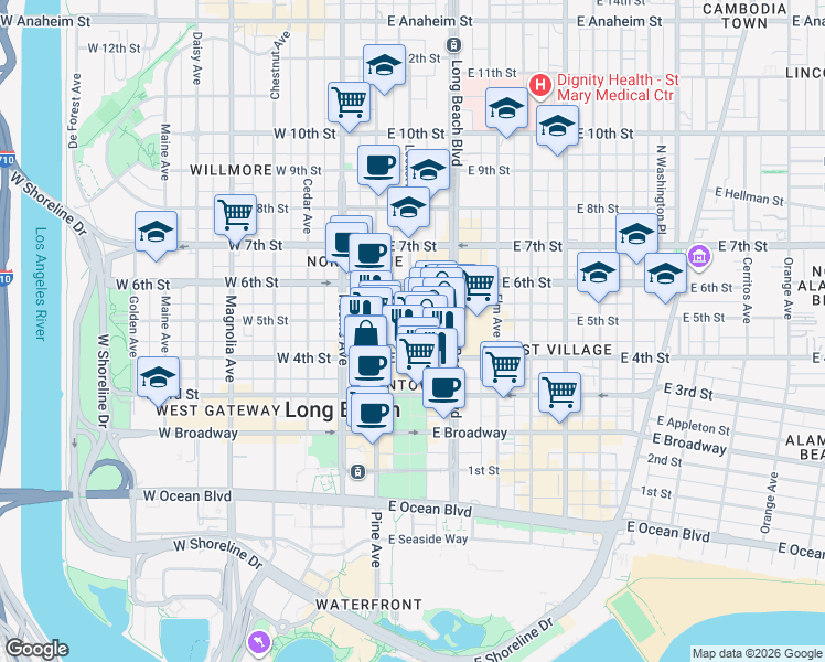 map of restaurants, bars, coffee shops, grocery stores, and more near 50 East 5th Street in Long Beach