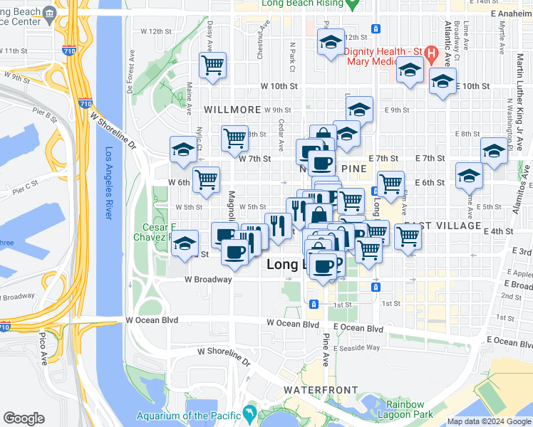 map of restaurants, bars, coffee shops, grocery stores, and more near 435 Cedar Avenue in Long Beach