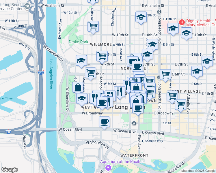 map of restaurants, bars, coffee shops, grocery stores, and more near 445 Chestnut Avenue in Long Beach